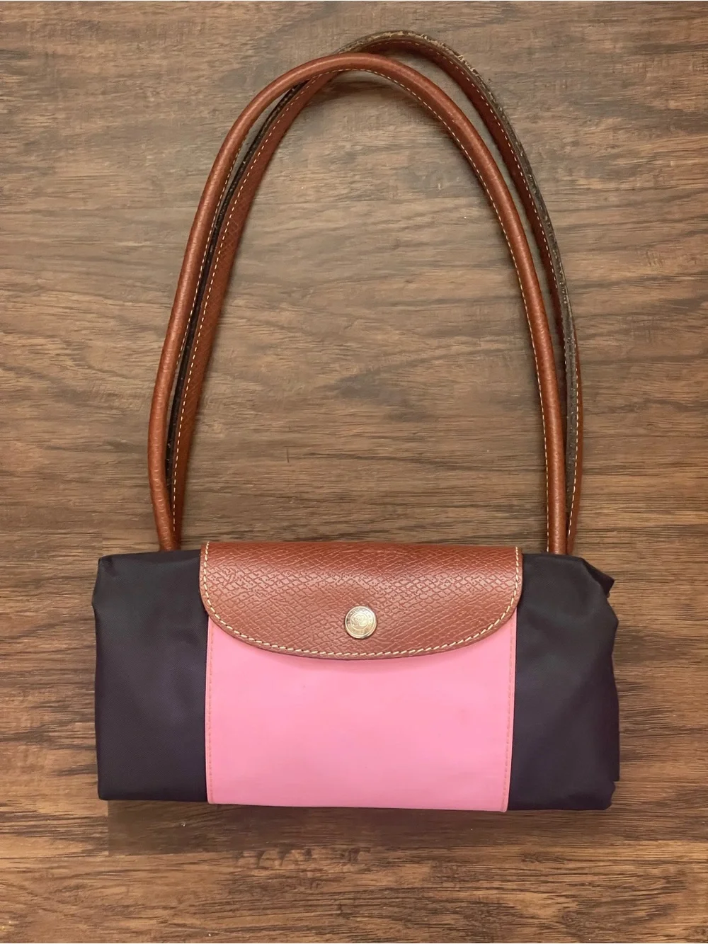 Longchamp Nylon Tote in Black with Pink Center Stripe and Brown Leather Strap